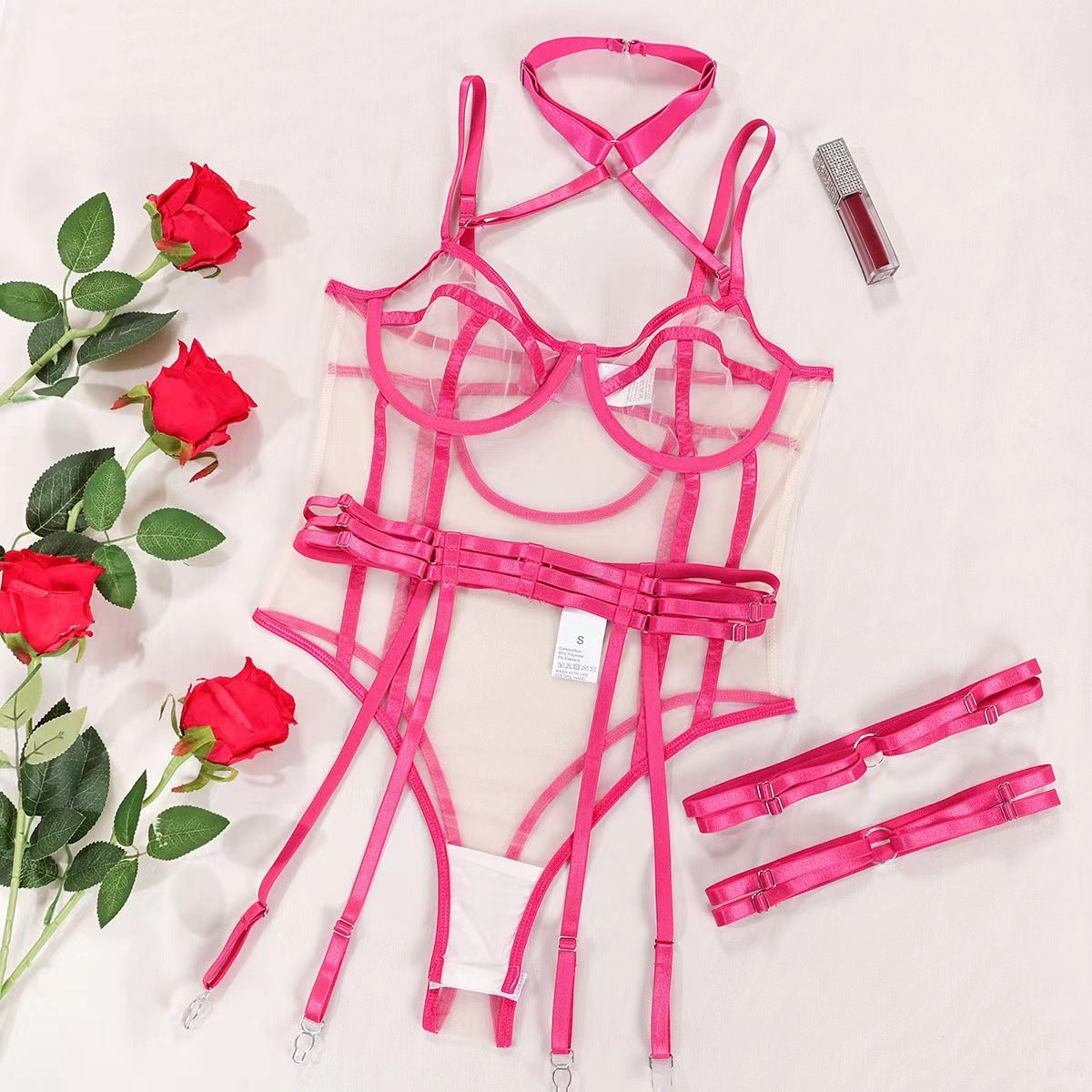 Image of Cross-border European and American new product sources, European and American sexy women's clothing, mesh splicing, hot girl sexy stripless jumpsuits, spot